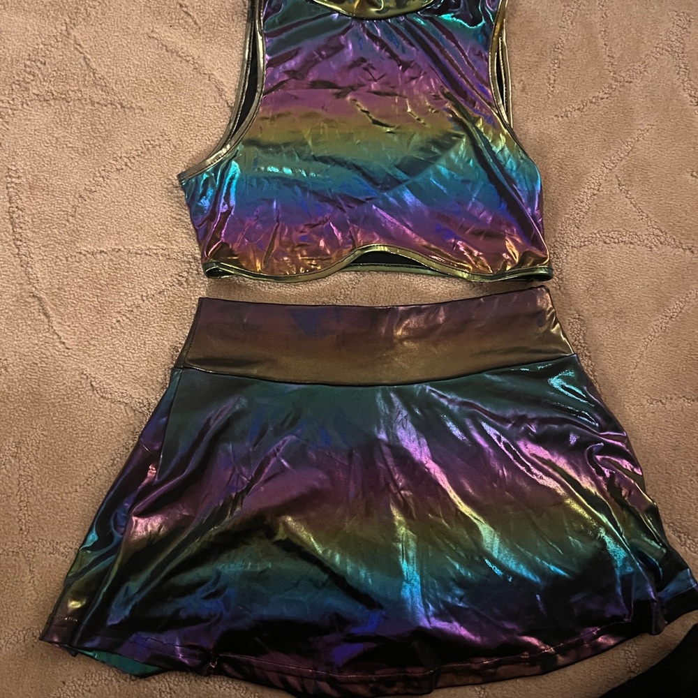 Holographic-esk rave top and skirt set